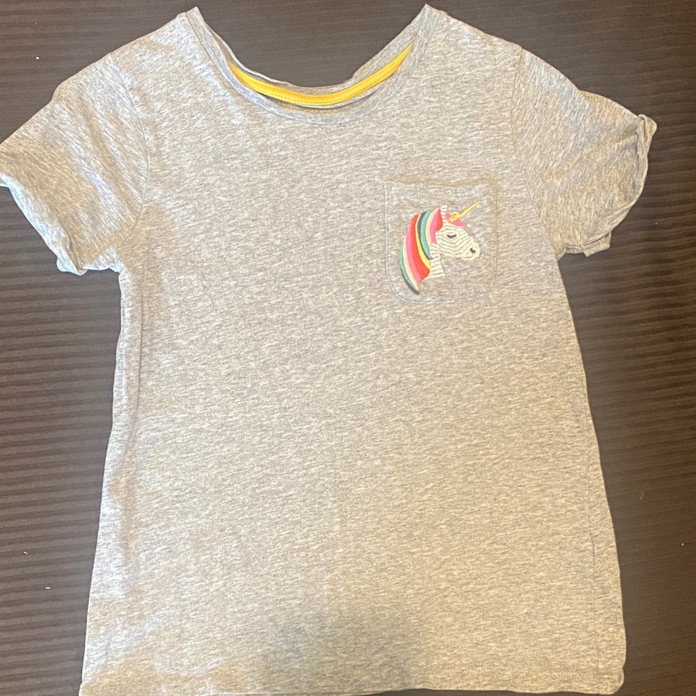 Mini Boden Gray Short-Sleeve Tee with Rainbow Unicorn Pocket